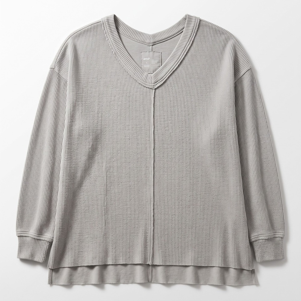Aerie L Gray V-Neck Waffle Knit Sweatshirt Womens Casual Cozy Pullover